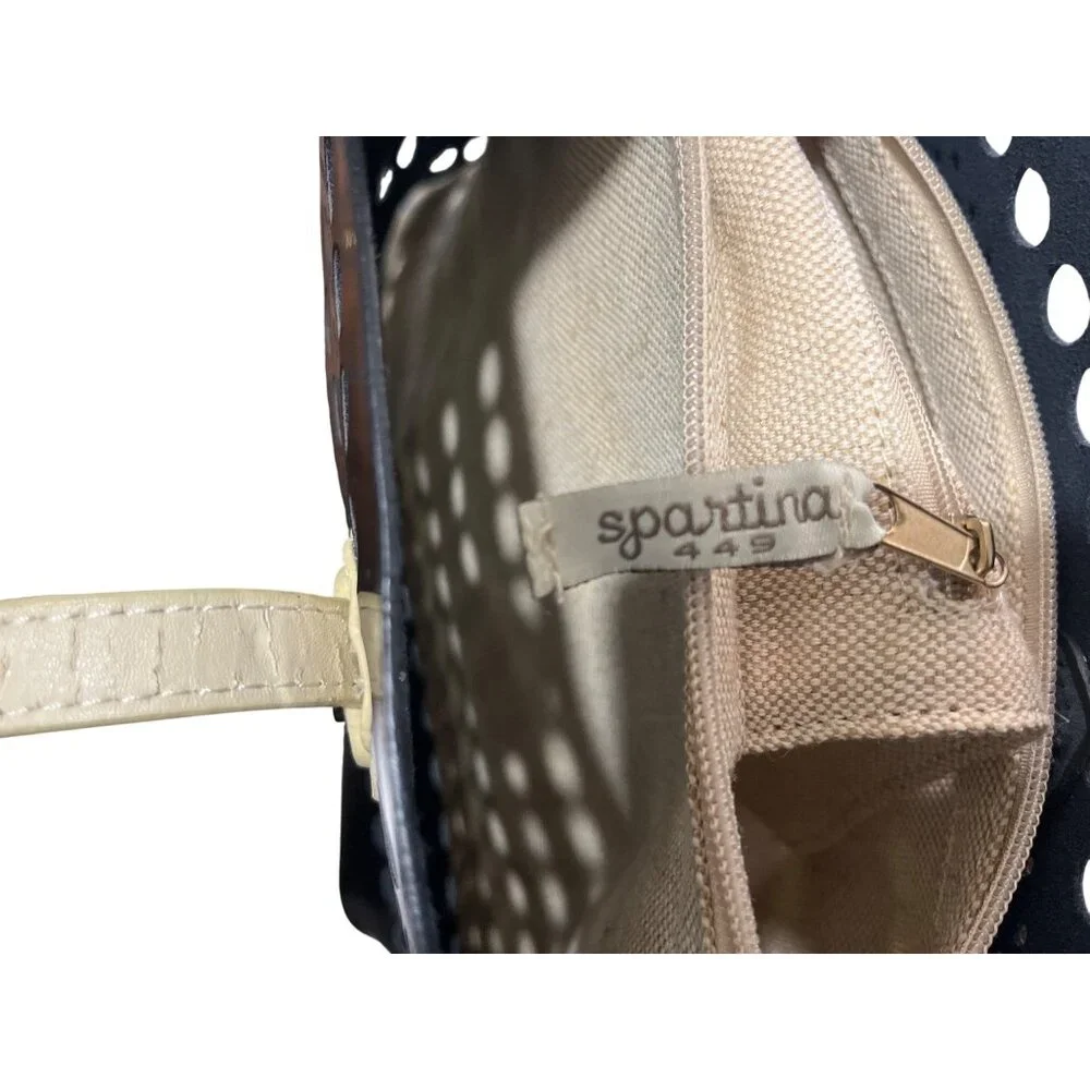 Spartina 449 Black Patent Leather Tote Bag Laser-Cut Dots With Beige Handles - Picture 4 of 7